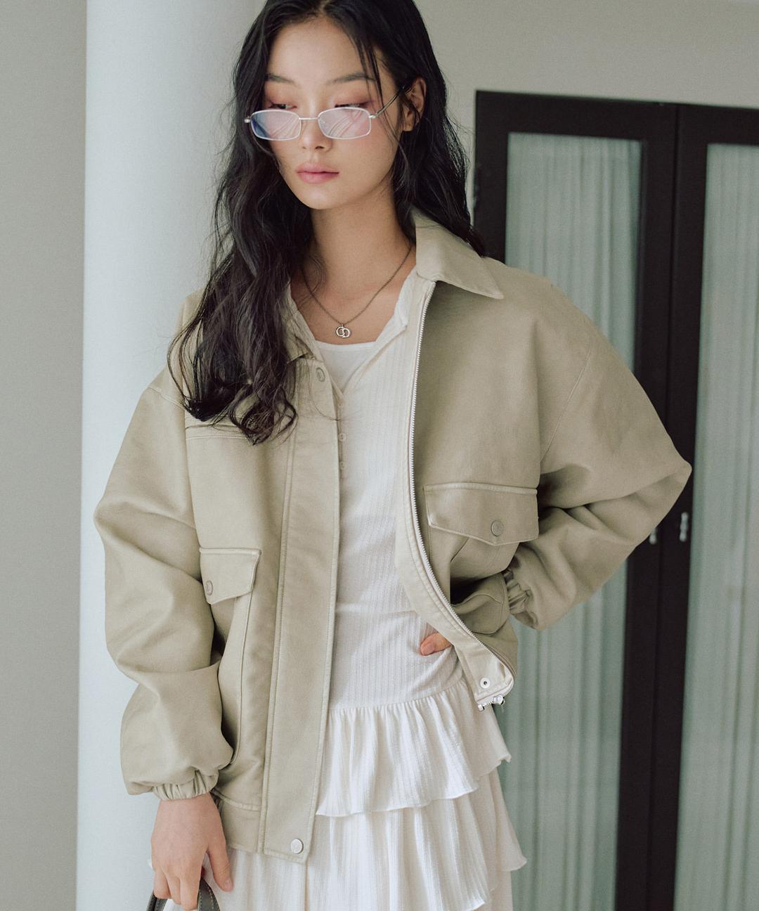 애니카 워싱 레더 자켓 [IVORY]