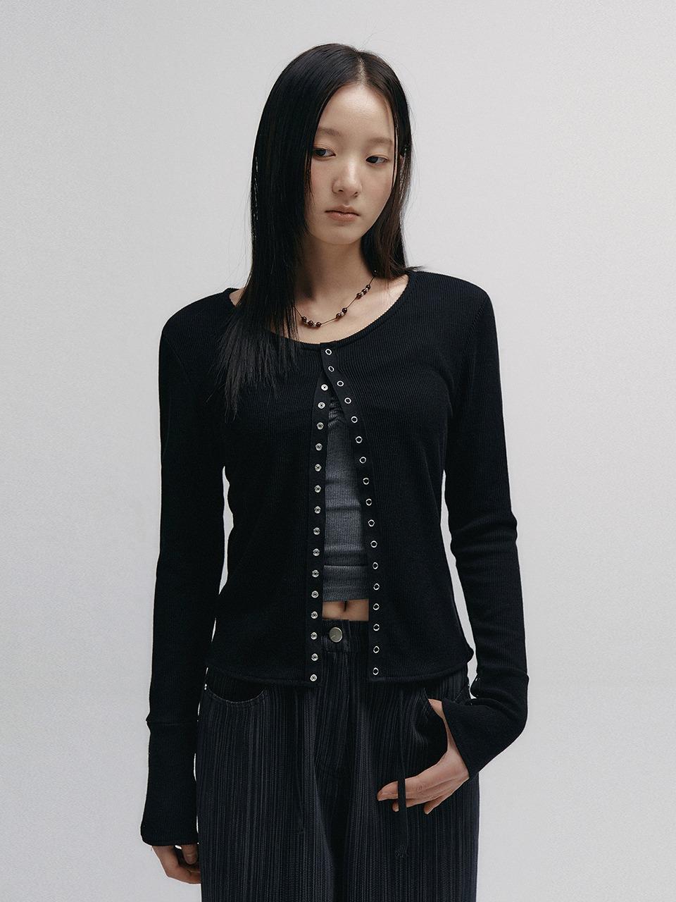 Ribbed Snap Round Cardigan (Black)