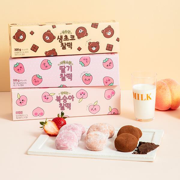 [1+1/총 2박스] 초코/딸기/복숭아 찰떡 3종 / 8개입+8개입 / 수능선물 수능떡 찹쌀떡 아이스모찌 아이스찰떡