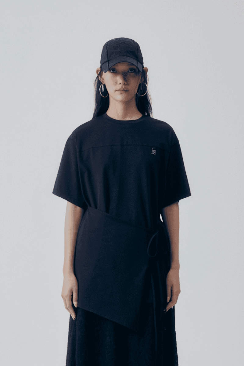 Overlay Tie Detail T-Shirt [ Black ]