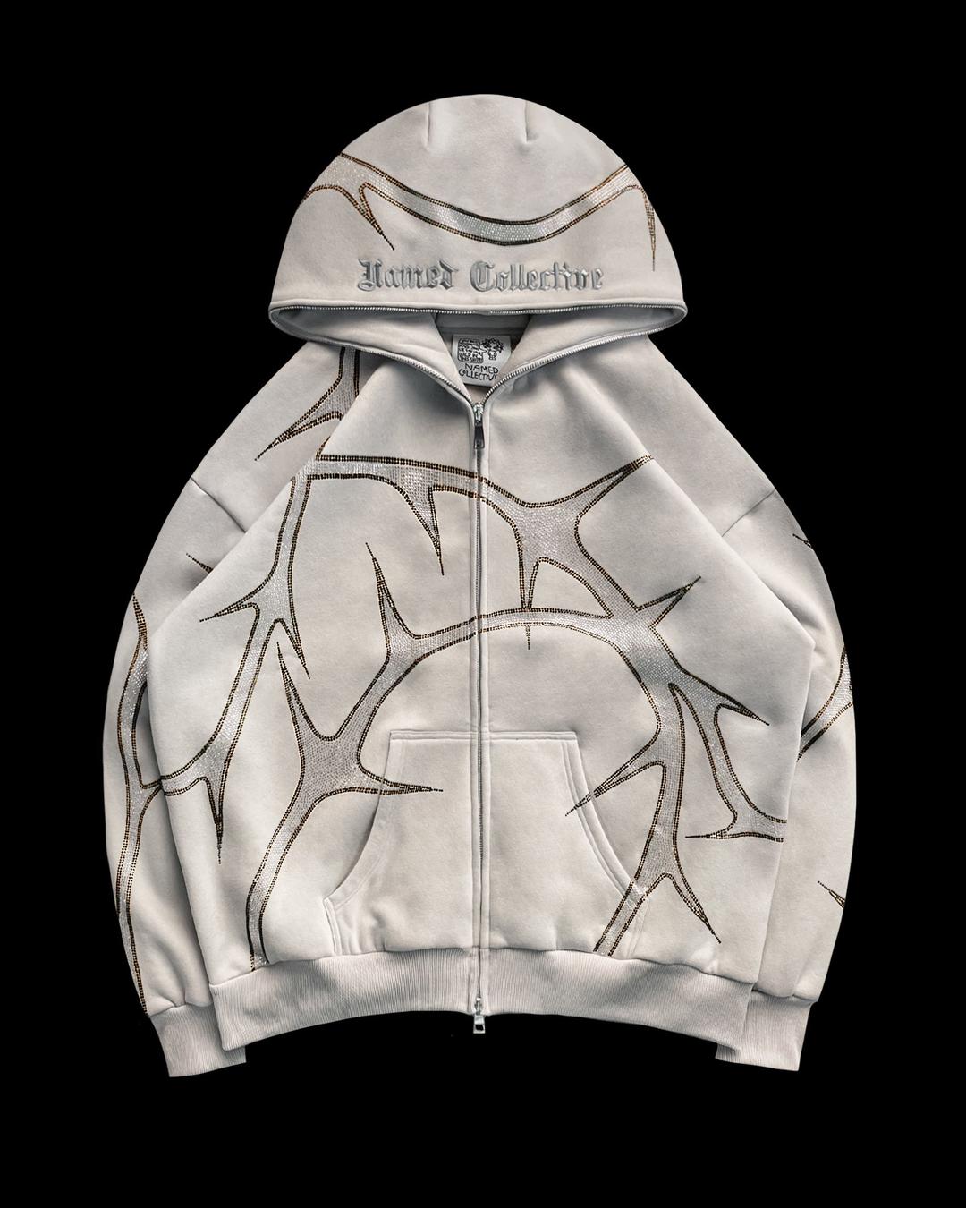THORN RHINESTONE ZIP HOODIE BONE - XS