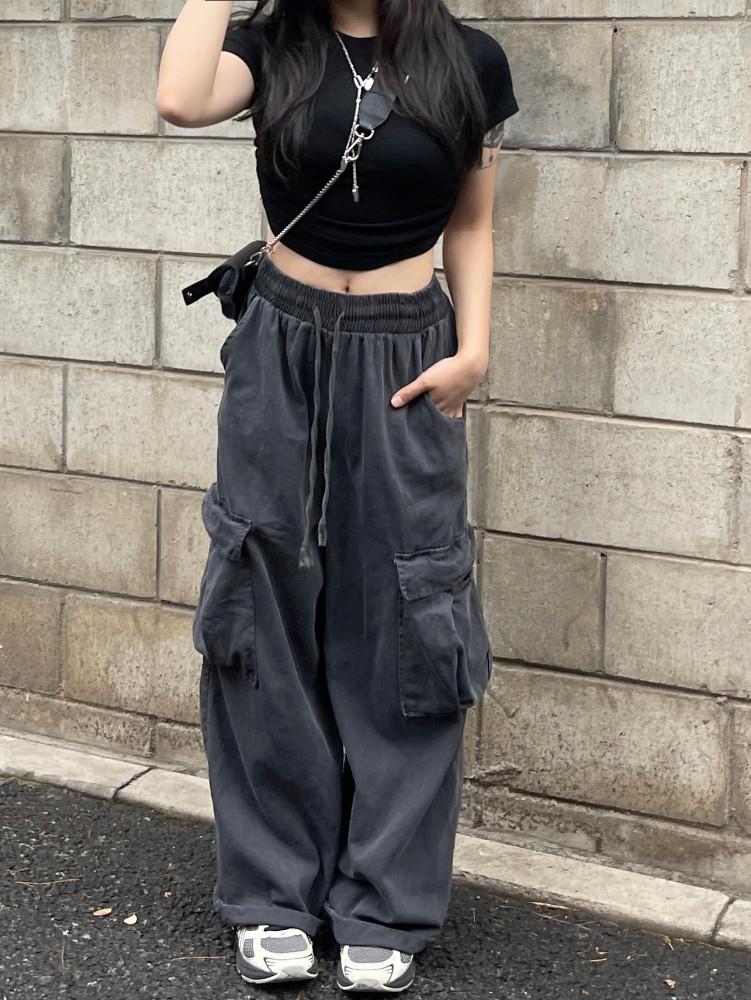 [히니츠키] 남녀공용 밴딩 피그먼트 와이드 카고팬츠