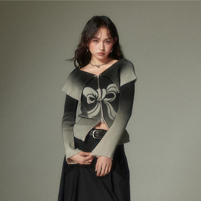 DIDDI MODA 오프숄더 니트 가디건 리본 보우 그라데이션 집업 가디건
