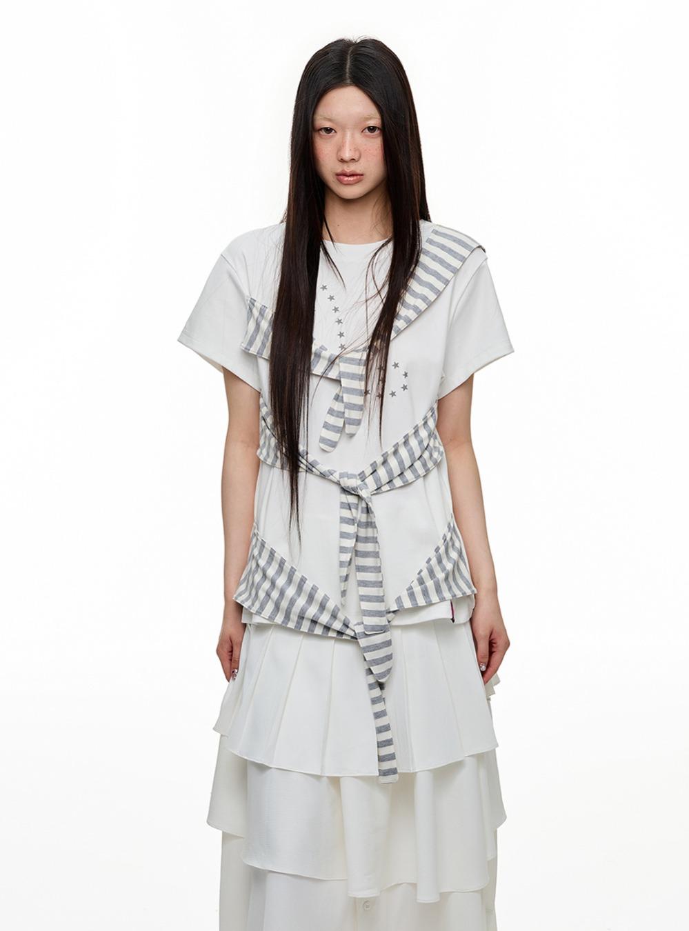 Lazynote Stitch Stripe Print Top