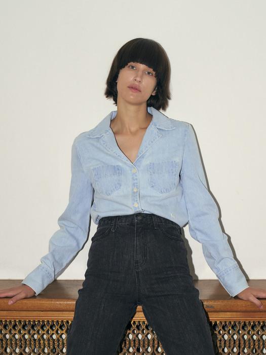 DOUBLE POCKET DENIM BLOUSE, LIGHT BLUE