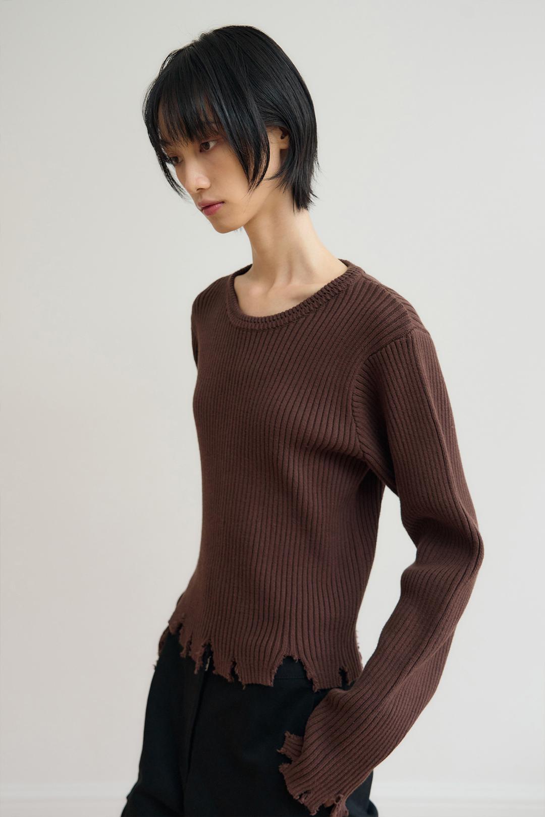 DAMAGE RIBBED ROUND KNIT / BROWN