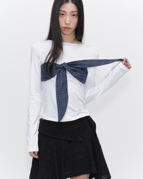 Check tie long sleeve WHITE