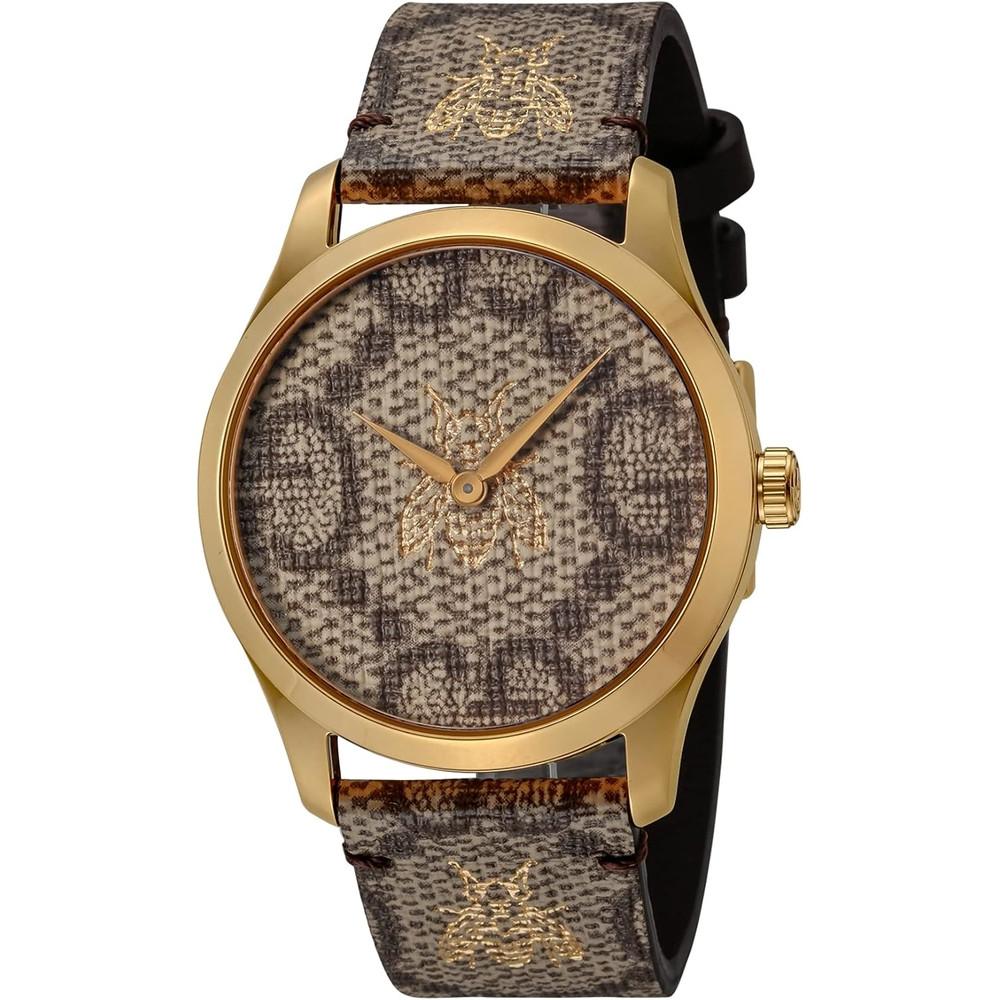 구찌 꿀벌 남성시계 가죽 손목시계 쿼츠 브라운 YA1264068A