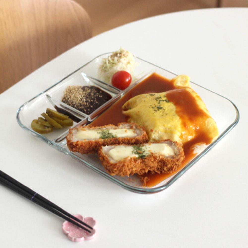 내열강화유리 식판 4구반찬그릇 사각나눔접시 칸칸 플레이트 중