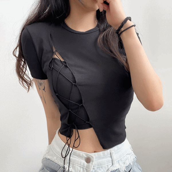 반팔버전-Y2K 사선 트임 아일렛 코르셋 크롭 반팔3color