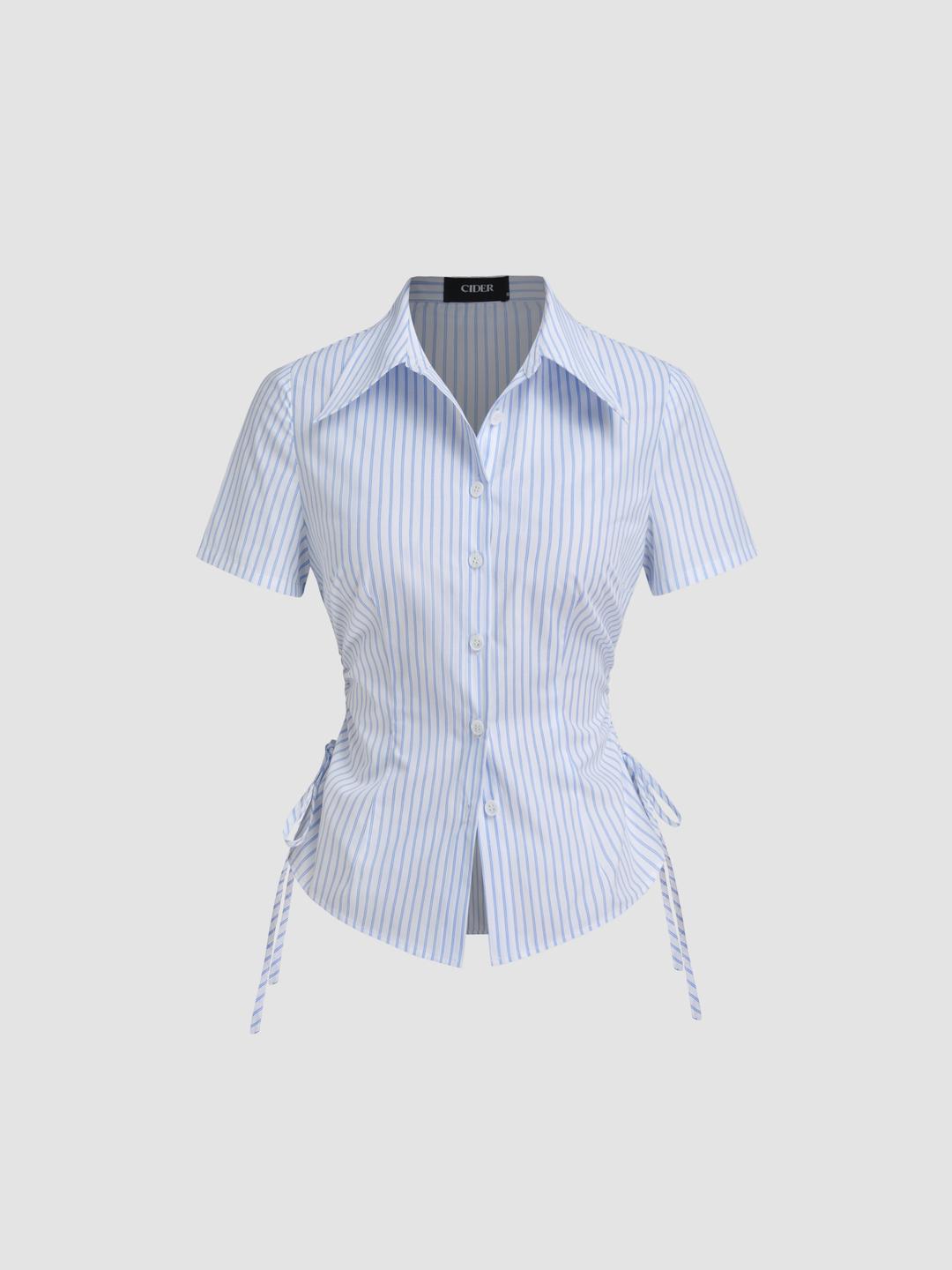 Cotton-blend Polo Collar Stripe Drawstring Knotted Shirt
