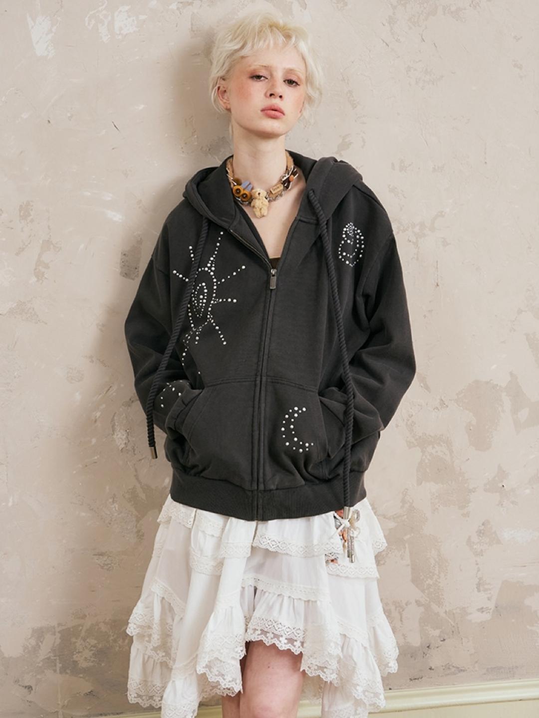 DIDDI MODA Rivet Shell Oversized Hoodie Zip-Up (2color)