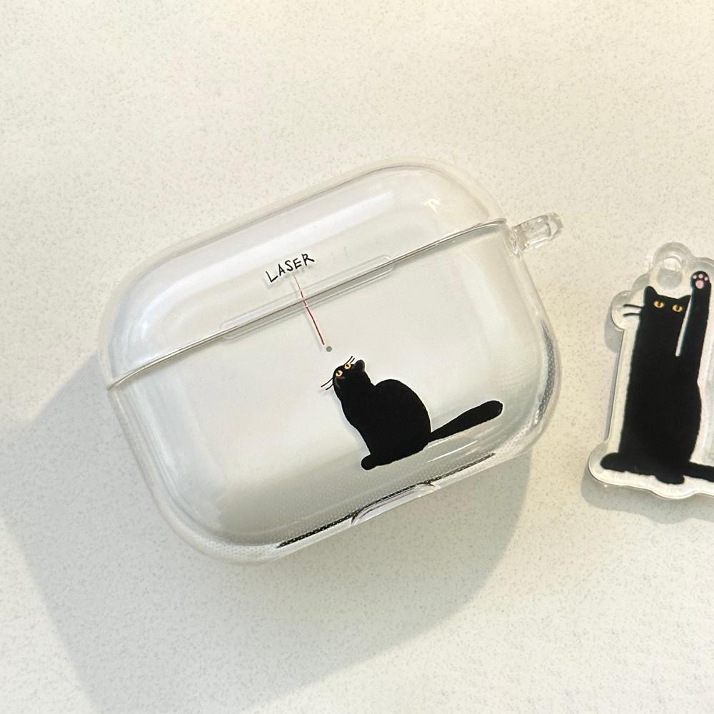 [Lazer black cat airpods case] 레이저 검은 고양이 투명 하드 에어팟 케이스
