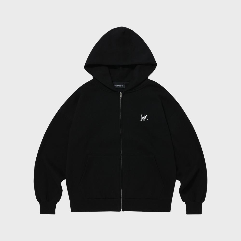 [우알롱] 기모 시그니처 오버 후드 집업 블랙