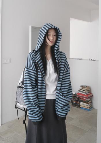 에프터먼데이 waffle stripe hood zip-up (3c)