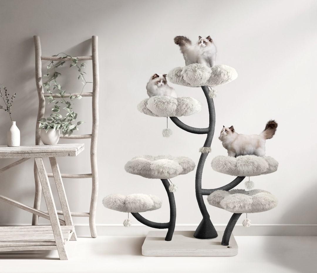 HEXAFLORA Wood Cat Tree Tower, Wooden Cat Tower, Modern Cat Climbing Tree, Cat Furniture, Cat Gift, Luxury Cat Condo, Flower Cat Tree, GG