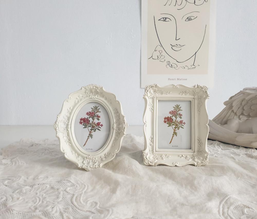 화이트 아이보리 미니 스몰 엔틱 앤틱 꽃 탁상 벽걸이 액자 타원 사각 2types