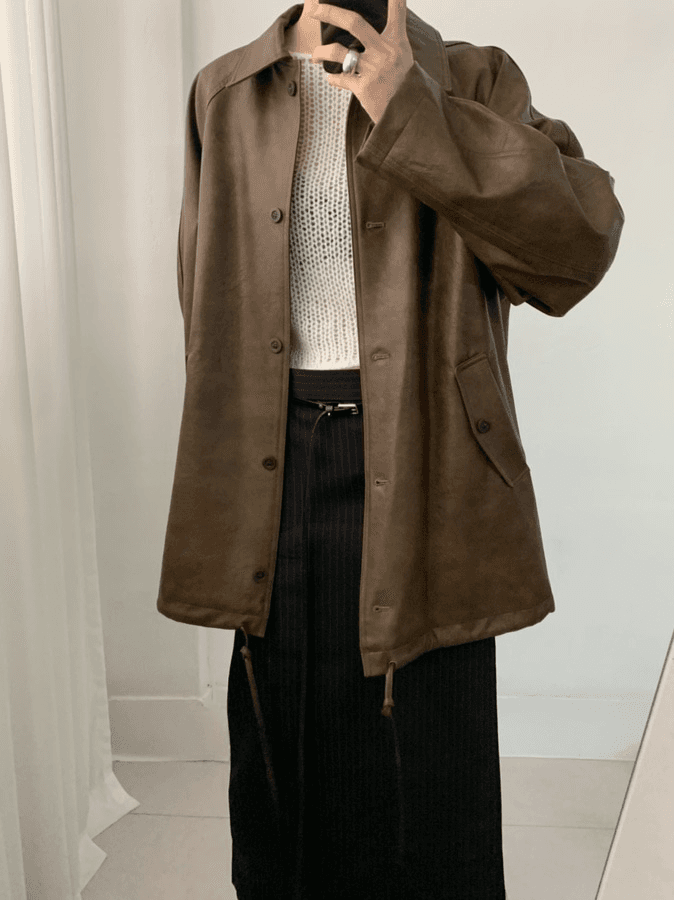 런던플랏 프렌치 레더 자켓 가죽 루즈 오버핏 가죽점퍼 봄 프렌치스타일 이너프