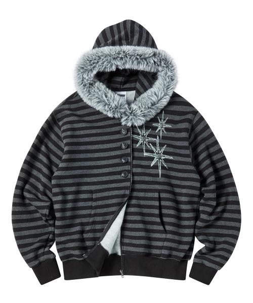 스테리나잇 스트라이프 버튼 퍼 후드 집업 블랙