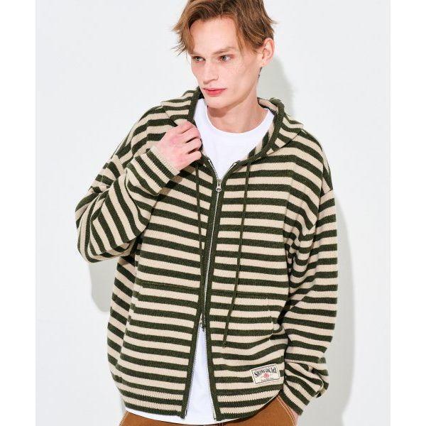 슬로우애시드 스트라이프 니트 후드집업 카키