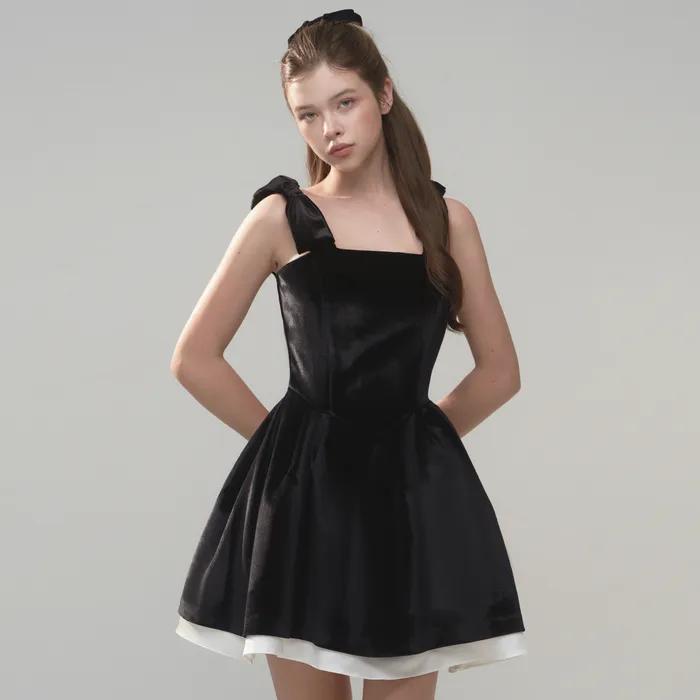 Ribbon Couture Velvet Mini Dress - BLACK & WHITE