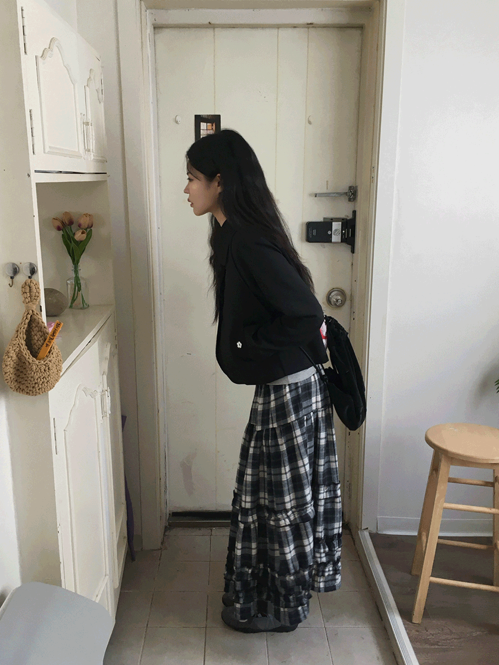 오운마인드 하이 체크 스커트 2color [프릴스커트/밴딩/롱치마]