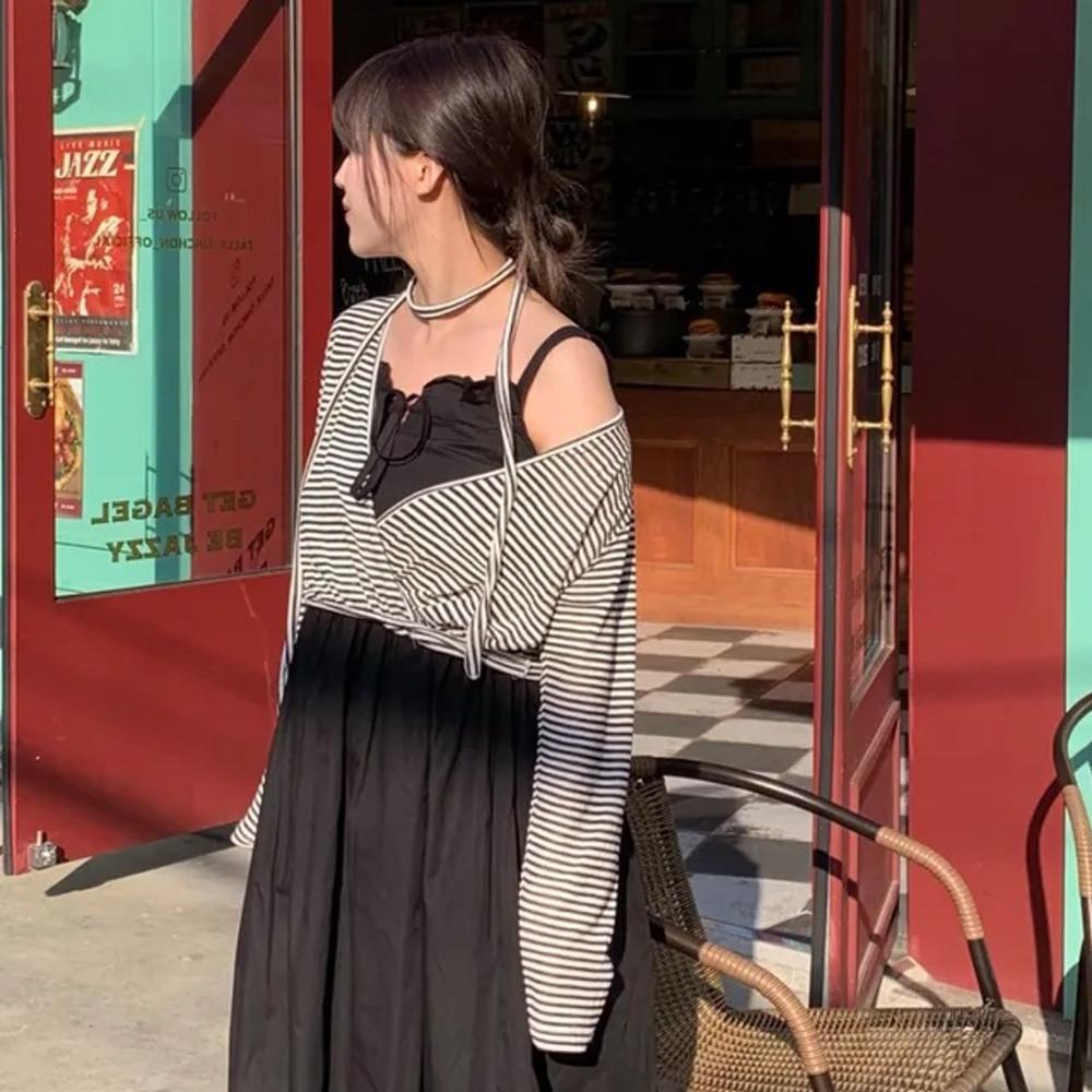 [레이어드/스카프set] 블룸 스트라이프 랩 브이넥 긴팔 티셔츠