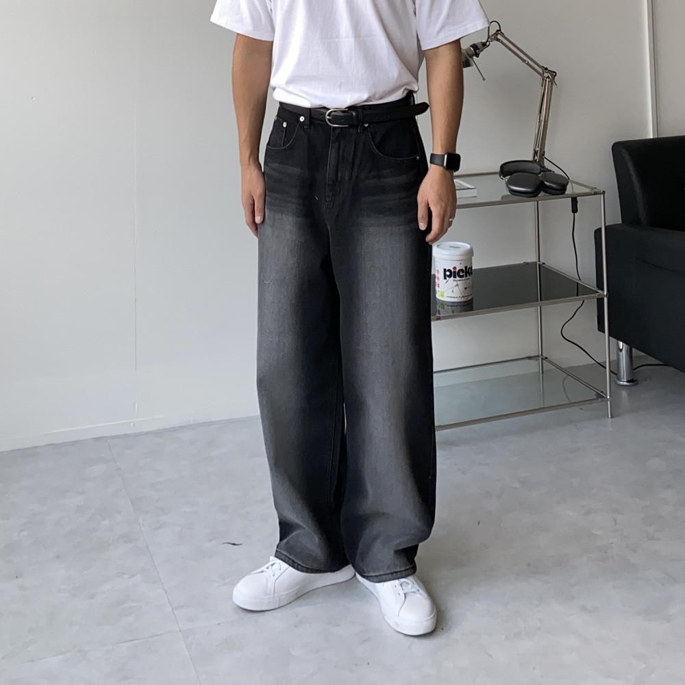 Tp 스트레이트 워싱 블랙 데님 - 그룸 청바지 흑청 빈티지 라인