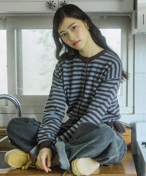 W STRIPE FRILL CARDIGAN [BROWN]