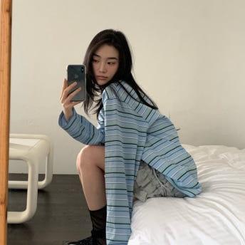 머글스 [소라당일] meetme 미트미 모아 스트라이프 티셔츠 긴팔 단가라 루즈핏 오버핏 라운드 티 (2colors)