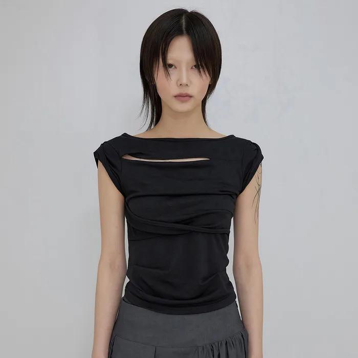 Asymmetrical Draped Roll-Up T-Shirt (FL-165_Black)