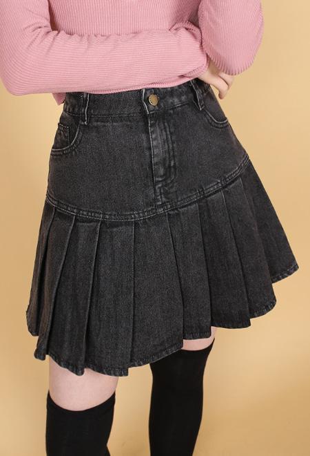 피그먼트 데님 플리츠 스커트 (3size) (속바지/ 체인포함)