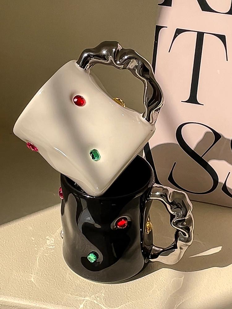 수심 Gems Mug 보석 머그 쥬얼리 유니크 세라믹 실버 특이한 손잡이 컵 홈카페 감성