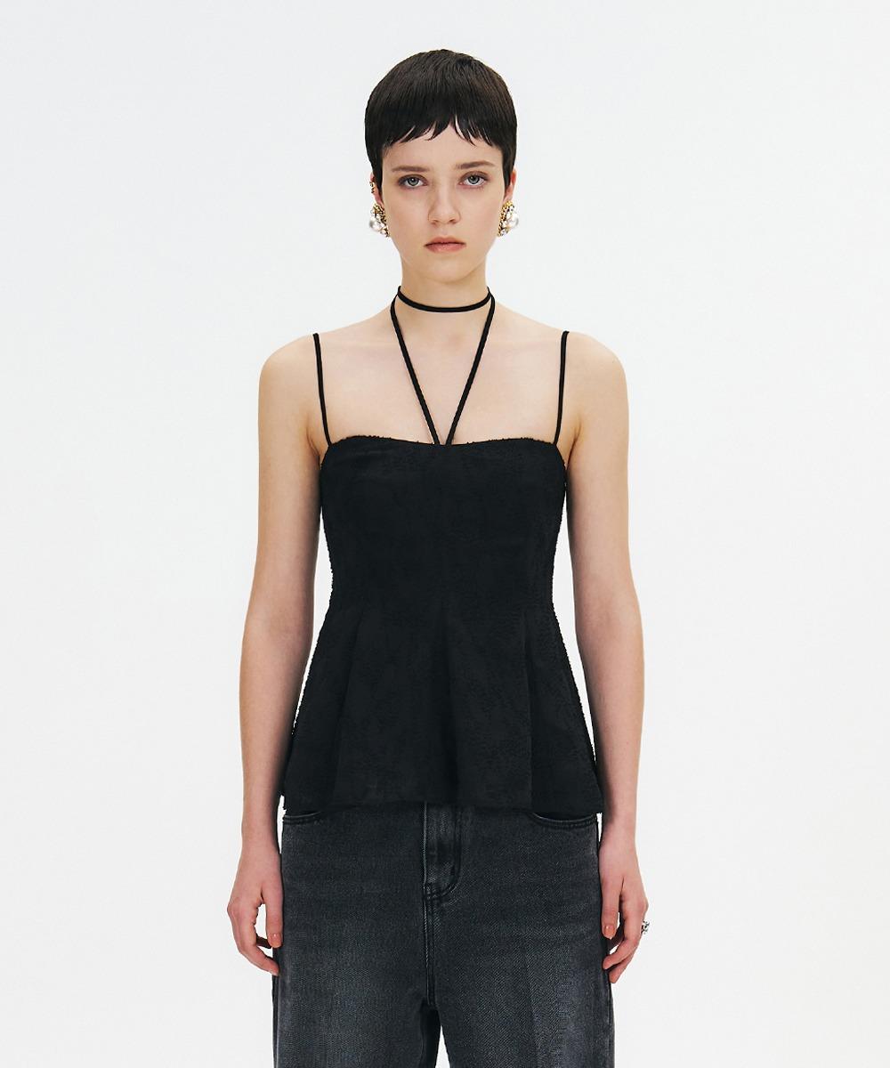 DOUBLE-LAYERED SHEER CAMISOLE BLOUSE WITH NECK STRAP TIE - BLACK