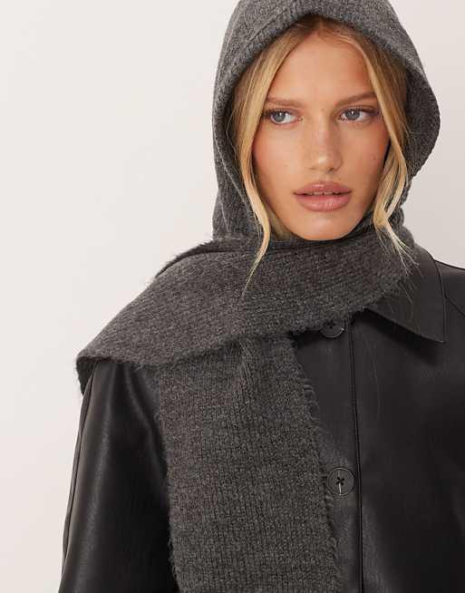 ASOS DESIGN knit tie up hooded scarf in charcoal gray