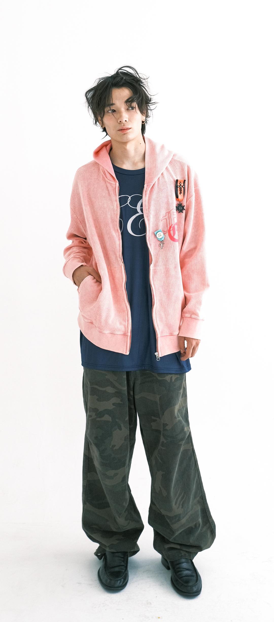 [F.E.E.S] color washing waffle zip-up (neon pink)