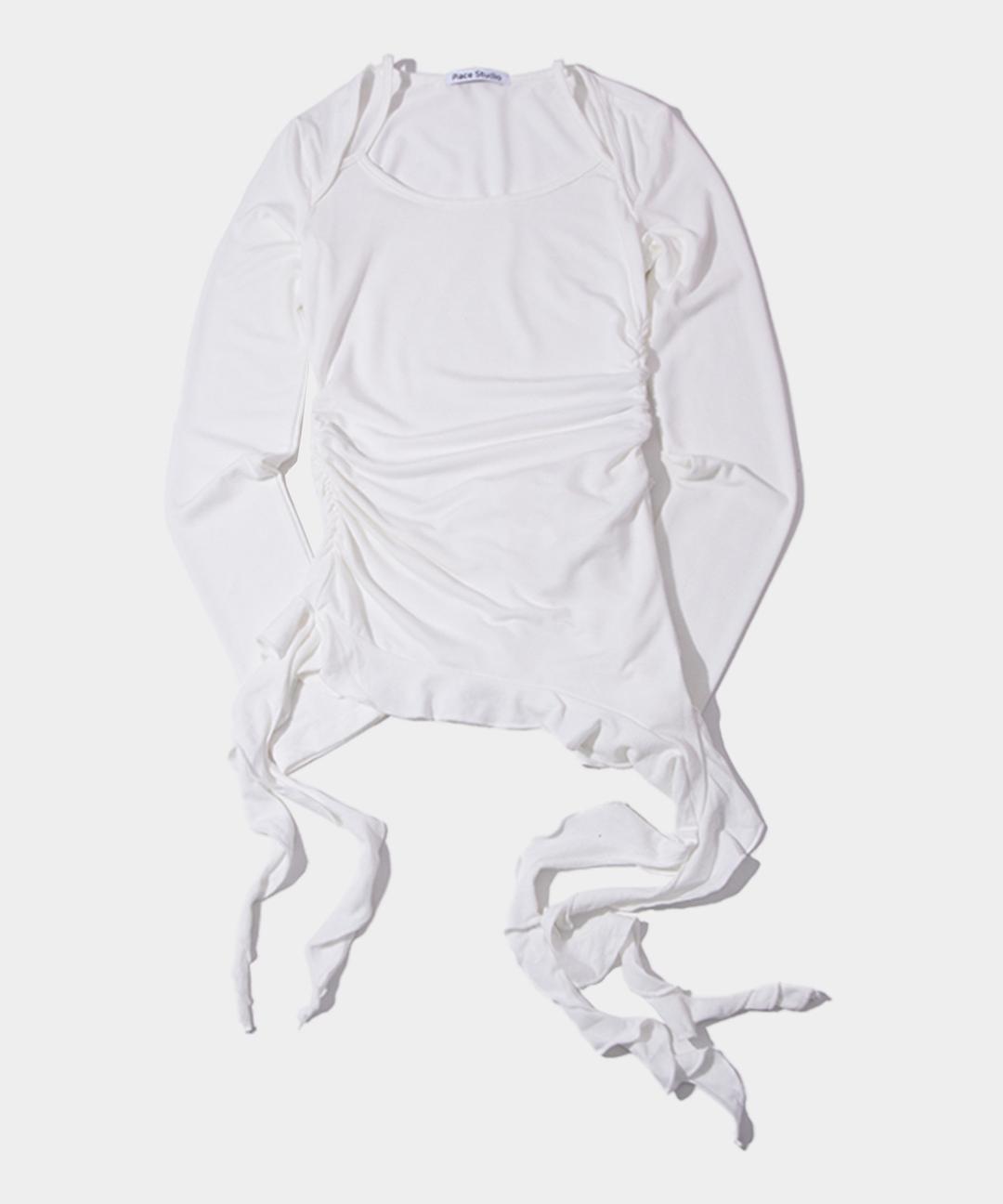 Side shirring frill nasi layered slim fit long sleeveless [White]