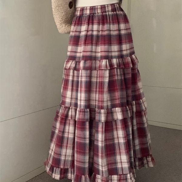 해나리아 체크 프릴 롱스커트 2B27385