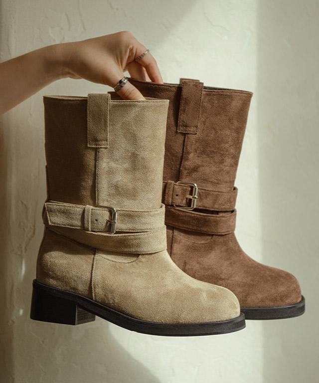 슈아떼 [자체제작 255 빅사이즈] 라이티 스웨이드 버클 스트랩 통넓은 둥근코 미들 미디 하프 부츠 4.5cm