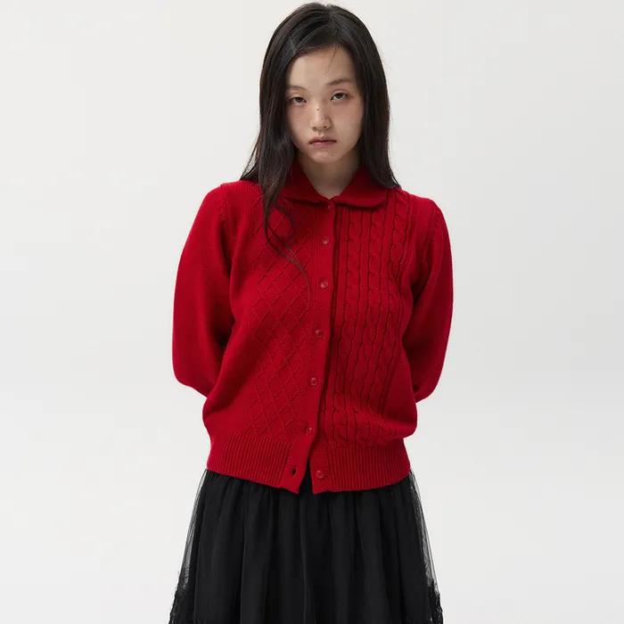 ROUND COLLAR JACQUARD CARDIGAN, RED