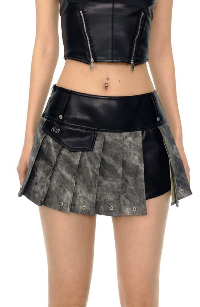 NOTAWEAR Bikercore patchwork tie-dye gathered leather skirt