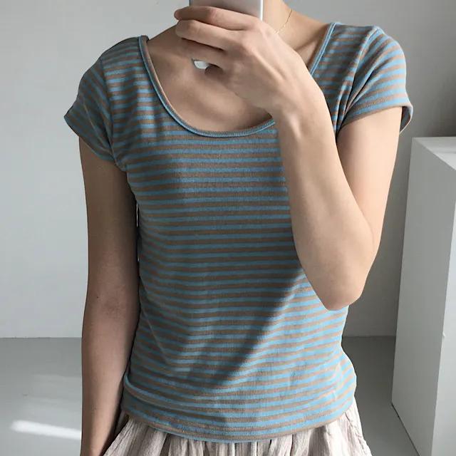 (신상할인) 파스텔 단가라 반팔 T 3color