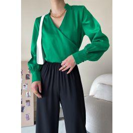 V-Neck Wrap Front Satin Smock Shirt in Green
