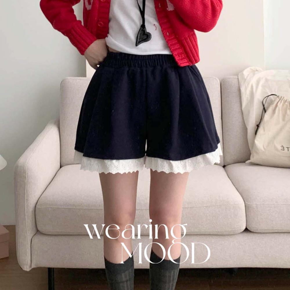 [일부당일] 레이스 팬츠 밴딩 핀턱 A라인 코튼 쇼츠 레이어드 펀칭 반바지 (3c)