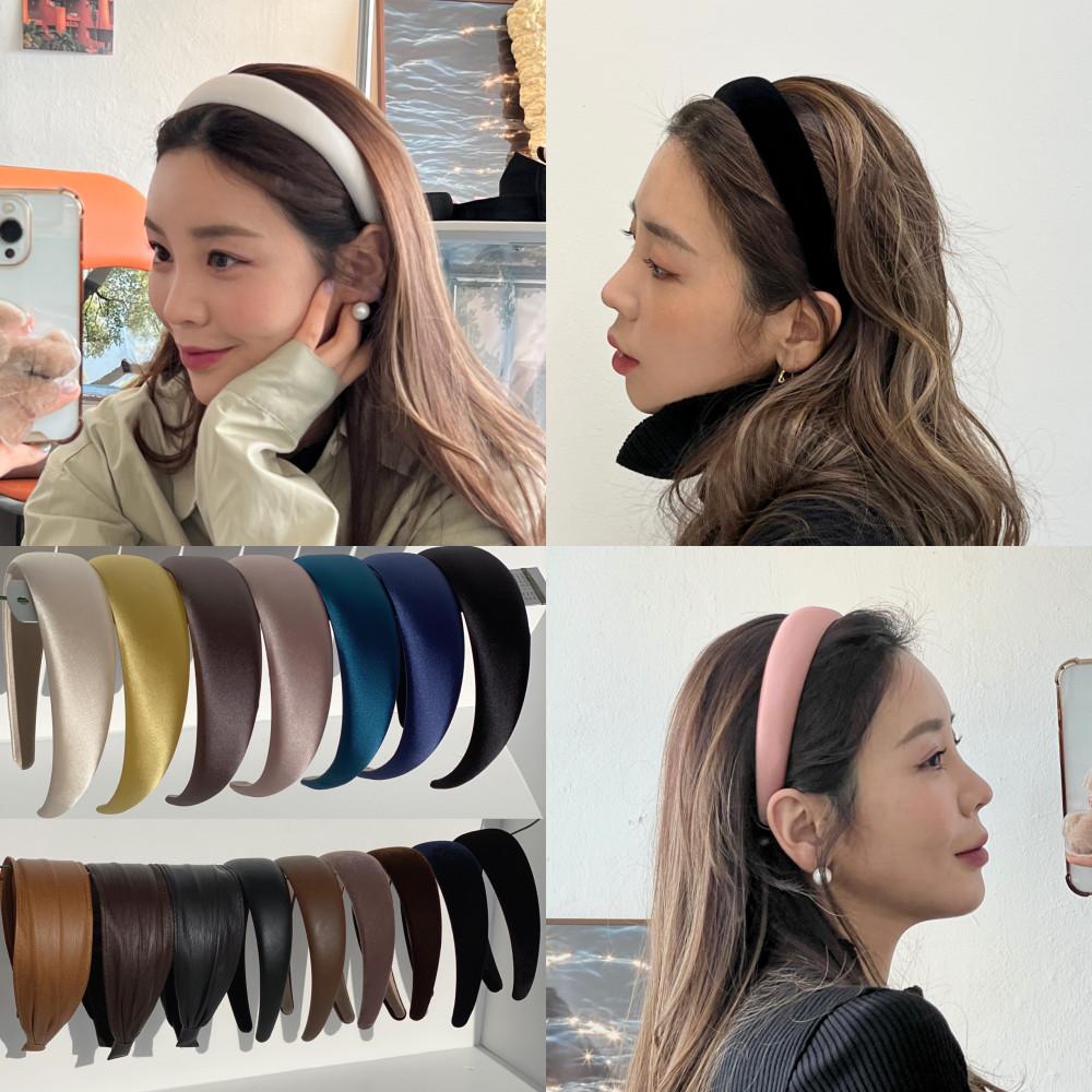 (1+1) 새틴 가죽 벨벳 와이드 볼륨 머리띠 넓은 공단 실크 무지 헤어밴드