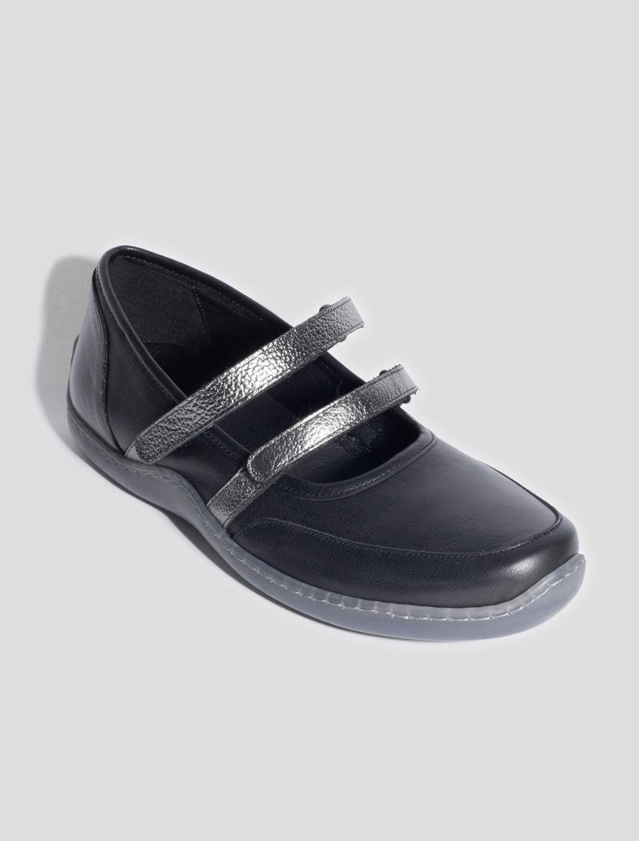 002KM-Rubber sole sporty leather ballerina with silver double velcro closure