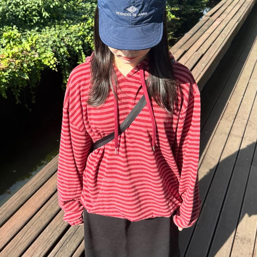 룸522 테리 단가라 후드티셔츠 윌리 루즈핏 스트라이프 후디 (3colors)