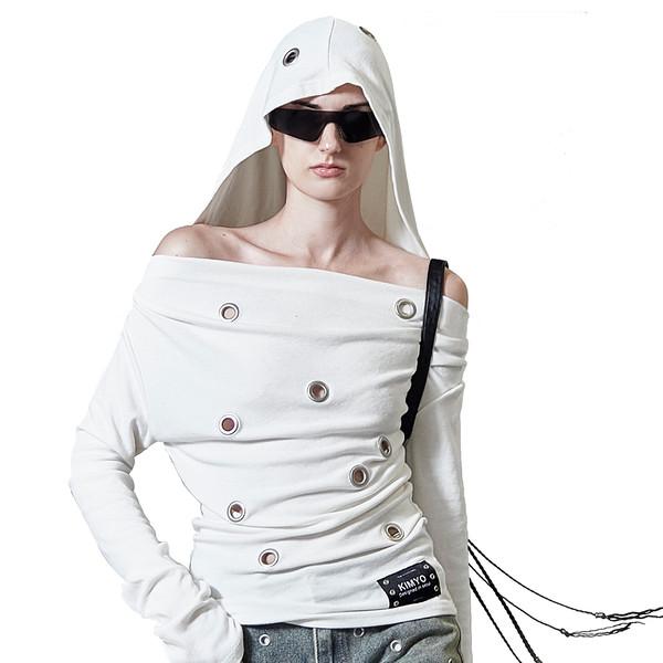 EYELET HOODED BATWING TOP IN WHITE