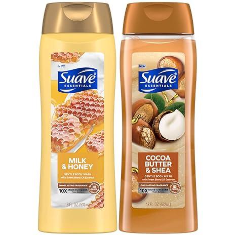 Suave Body Wash Variety 2-Pack, Milk & Honey + Cocoa Butter & Shea – Gentle Body Washes with Sweet Blend Oil Essence, 18 Oz Ea