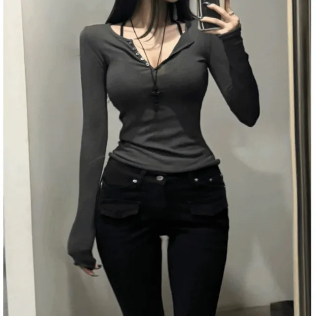 [잘록허리!/여리글램핏] 쫀득글램 울피치 여리단추 투웨이 티셔츠